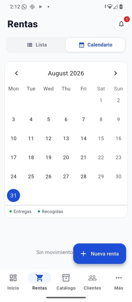 Calendario de entregas y recogidas en la app móvil RentaMob