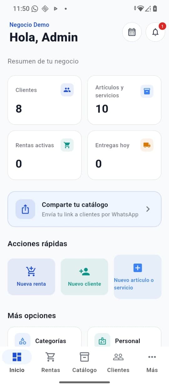 Panel de inicio de la app móvil RentaMob con el resumen del negocio