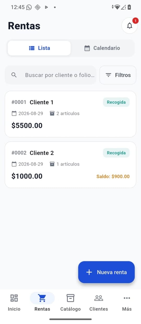 Lista de rentas con su estado y saldo en la app móvil RentaMob