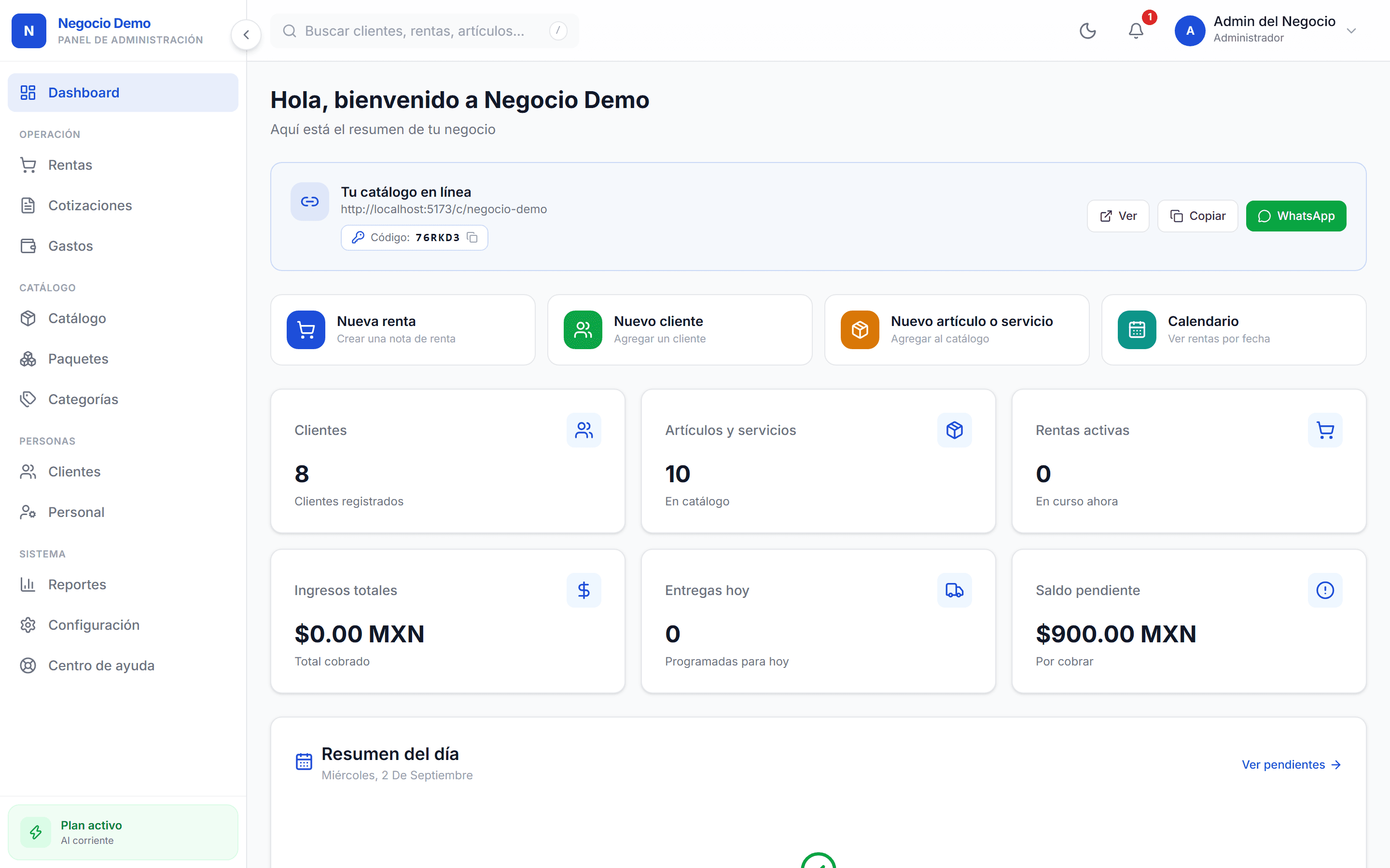 Dashboard de RentaMob mostrando inventario, rentas activas y métricas